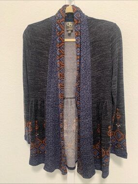 One September Anthropologie Blue Boho Print Open Front Cardigan